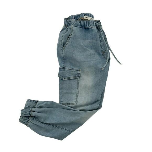 Almost Famous Jeans Womens Large Elastic Waist Drawstring Utility Jogger Denim - Picture 4 of 11